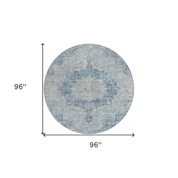 HomeRoots 5' Timeless Blue Floral Medallion Area Rug - Washable Indoor/Outdoor Style for High-Traffic Spaces 8' Round 607898