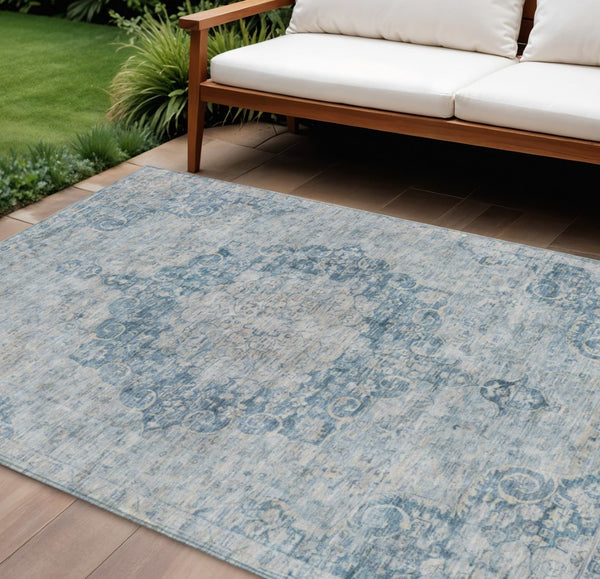 HomeRoots 5' Timeless Blue Floral Medallion Area Rug - Washable Indoor/Outdoor Style for High-Traffic Spaces 8' X 10' 607899