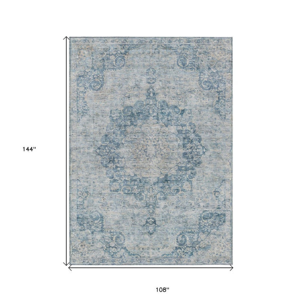 HomeRoots 5' Timeless Blue Floral Medallion Area Rug - Washable Indoor/Outdoor Style for High-Traffic Spaces 9' X 12' 607900