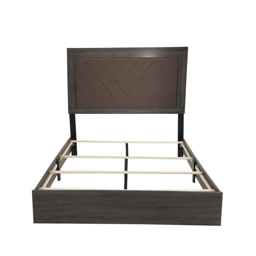 English Elm QUEEN Dark Gray Oak Bed with Rustic Accents — Upholstered 2-Tone Brown Fabric Headboard, 57"H B089113028