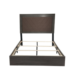 English Elm QUEEN Dark Gray Oak Bed with Rustic Accents — Upholstered 2-Tone Brown Fabric Headboard, 57"H B089113028