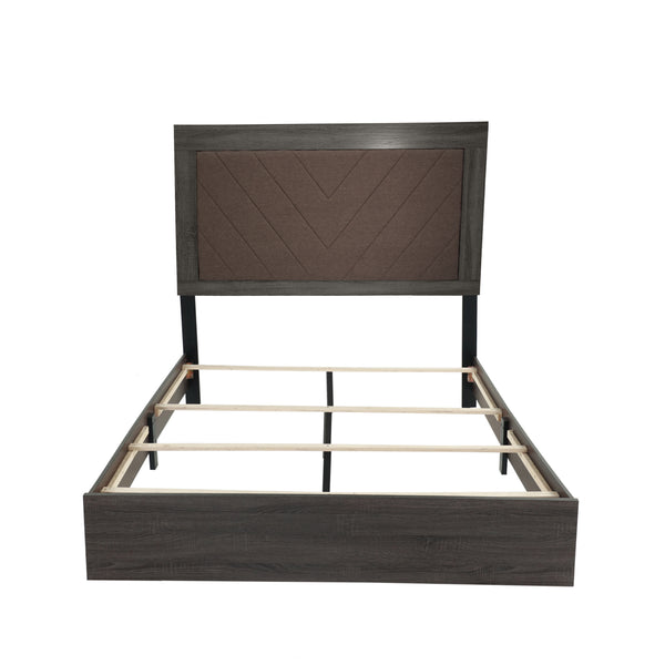 English Elm QUEEN Dark Gray Oak Bed with Rustic Accents — Upholstered 2-Tone Brown Fabric Headboard, 57"H B089113028