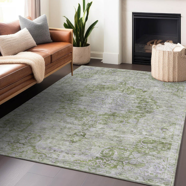 HomeRoots 5' Olive Green Floral Medallion Area Rug – Durable, Washable & Perfect for Indoor or Outdoor Spaces 5' X 8' 607909