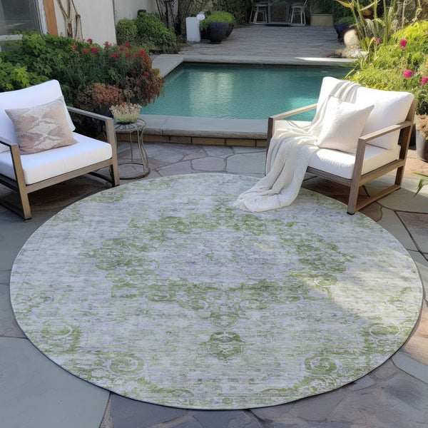 HomeRoots 5' Olive Green Floral Medallion Area Rug – Durable, Washable & Perfect for Indoor or Outdoor Spaces 8' Round 607910
