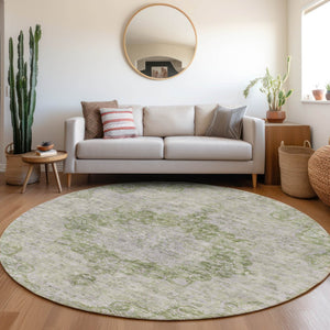 HomeRoots 5' Olive Green Floral Medallion Area Rug – Durable, Washable & Perfect for Indoor or Outdoor Spaces 8' Round 607910