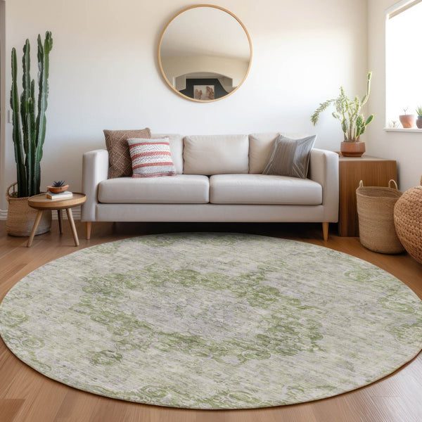 HomeRoots 5' Olive Green Floral Medallion Area Rug – Durable, Washable & Perfect for Indoor or Outdoor Spaces 8' Round 607910