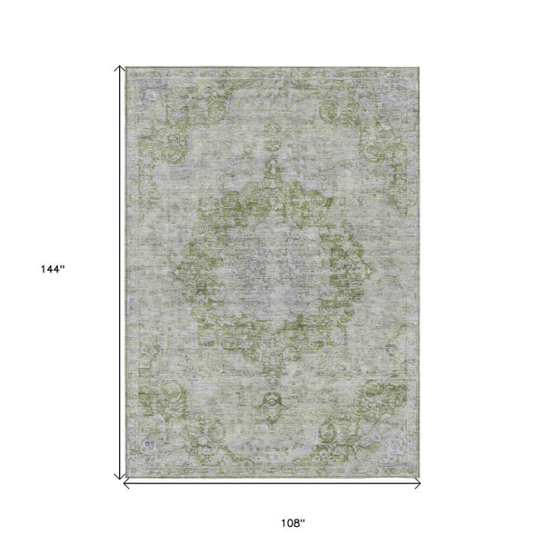 HomeRoots 5' Olive Green Floral Medallion Area Rug – Durable, Washable & Perfect for Indoor or Outdoor Spaces 9' X 12' 607912