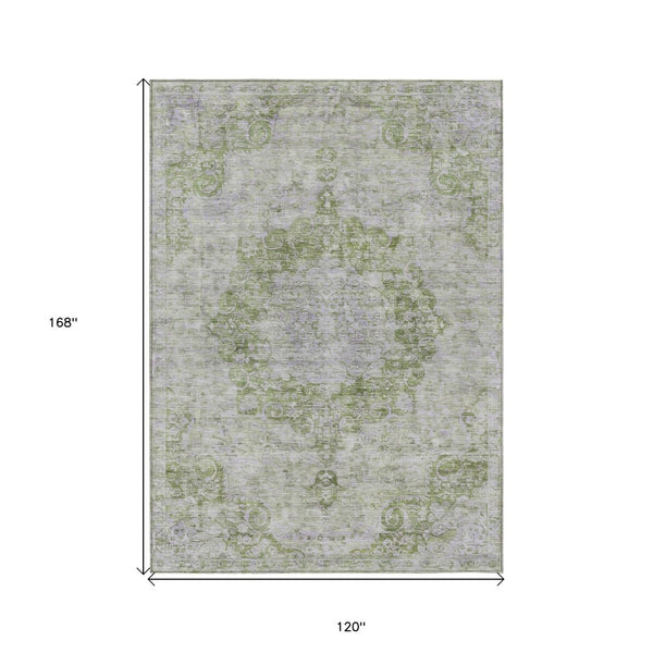 HomeRoots 5' Olive Green Floral Medallion Area Rug – Durable, Washable & Perfect for Indoor or Outdoor Spaces 10' X 14' 607913