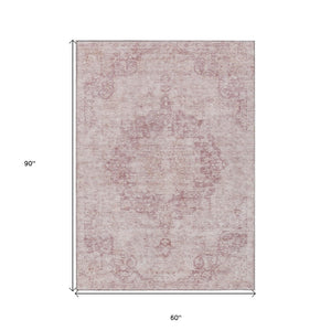 HomeRoots 5' Pink Floral Medallion Area Rug - Durable, Washable Design for Indoor & Outdoor Spaces 5' X 8' 607915