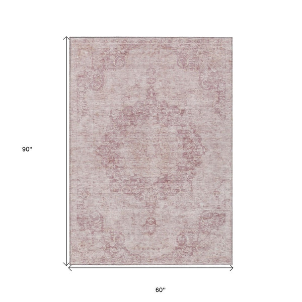 HomeRoots 5' Pink Floral Medallion Area Rug - Durable, Washable Design for Indoor & Outdoor Spaces 5' X 8' 607915