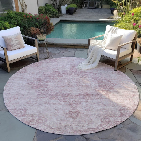 HomeRoots 5' Pink Floral Medallion Area Rug - Durable, Washable Design for Indoor & Outdoor Spaces 8' Round 607916