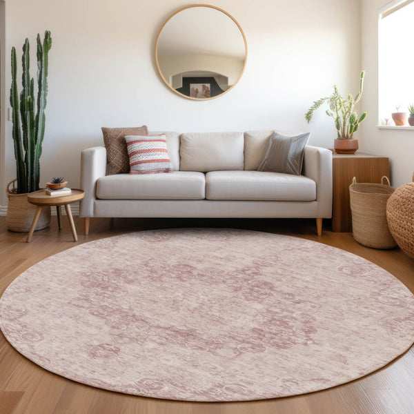 HomeRoots 5' Pink Floral Medallion Area Rug - Durable, Washable Design for Indoor & Outdoor Spaces 8' Round 607916