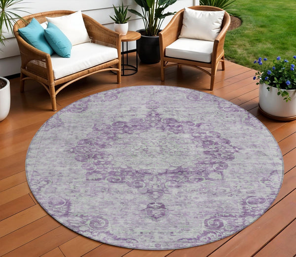HomeRoots 5' Purple Floral Medallion Area Rug - Durable, Washable Design for Indoor and Outdoor Spaces 8' Round 607922
