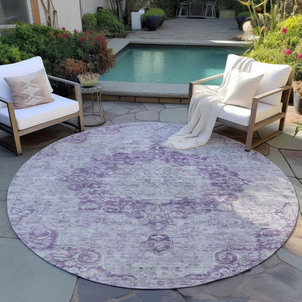 HomeRoots 5' Purple Floral Medallion Area Rug - Durable, Washable Design for Indoor and Outdoor Spaces 8' Round 607922