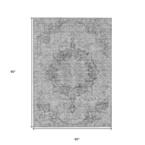 HomeRoots 5' Elegant Silver Floral Medallion Washable Area Rug for Indoor and Outdoor High-Traffic Spaces 5' X 8' 607939
