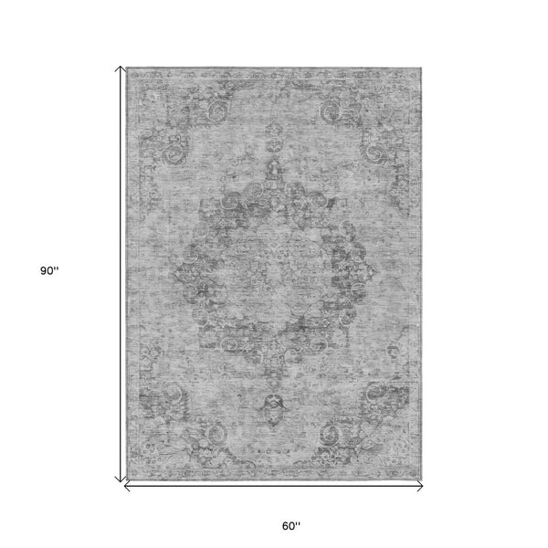 HomeRoots 5' Elegant Silver Floral Medallion Washable Area Rug for Indoor and Outdoor High-Traffic Spaces 5' X 8' 607939