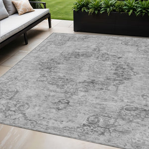 HomeRoots 5' Elegant Silver Floral Medallion Washable Area Rug for Indoor and Outdoor High-Traffic Spaces 5' X 8' 607939