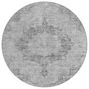 HomeRoots 5' Elegant Silver Floral Medallion Washable Area Rug for Indoor and Outdoor High-Traffic Spaces 8' Round 607940
