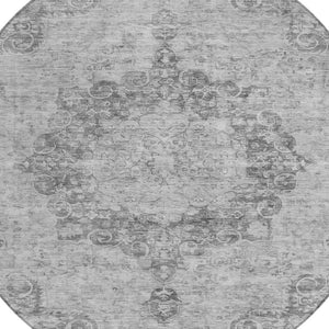 HomeRoots 5' Elegant Silver Floral Medallion Washable Area Rug for Indoor and Outdoor High-Traffic Spaces 8' Round 607940