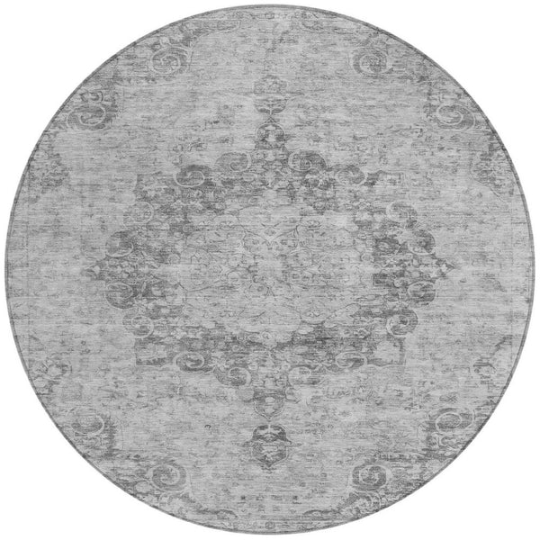 HomeRoots 5' Elegant Silver Floral Medallion Washable Area Rug for Indoor and Outdoor High-Traffic Spaces 8' Round 607940