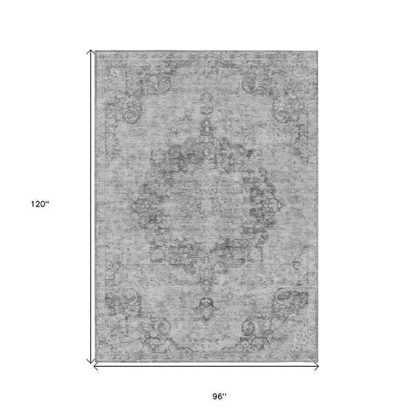 HomeRoots 5' Elegant Silver Floral Medallion Washable Area Rug for Indoor and Outdoor High-Traffic Spaces 8' X 10' 607941