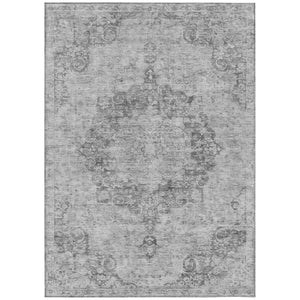 HomeRoots 5' Elegant Silver Floral Medallion Washable Area Rug for Indoor and Outdoor High-Traffic Spaces 8' X 10' 607941