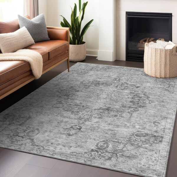 HomeRoots 5' Elegant Silver Floral Medallion Washable Area Rug for Indoor and Outdoor High-Traffic Spaces 8' X 10' 607941