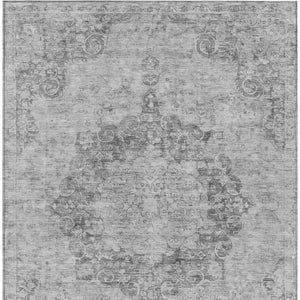 HomeRoots 5' Elegant Silver Floral Medallion Washable Area Rug for Indoor and Outdoor High-Traffic Spaces 9' X 12' 607942