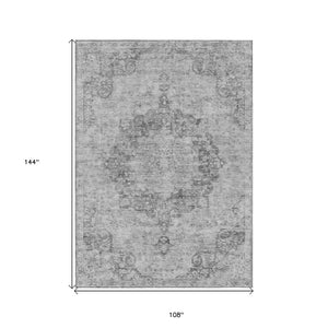 HomeRoots 5' Elegant Silver Floral Medallion Washable Area Rug for Indoor and Outdoor High-Traffic Spaces 9' X 12' 607942