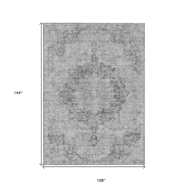 HomeRoots 5' Elegant Silver Floral Medallion Washable Area Rug for Indoor and Outdoor High-Traffic Spaces 9' X 12' 607942