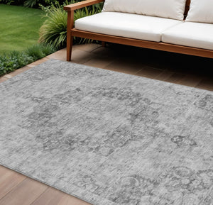 HomeRoots 5' Elegant Silver Floral Medallion Washable Area Rug for Indoor and Outdoor High-Traffic Spaces 9' X 12' 607942