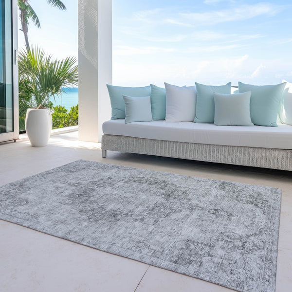 HomeRoots 5' Elegant Silver Floral Medallion Washable Area Rug for Indoor and Outdoor High-Traffic Spaces 9' X 12' 607942