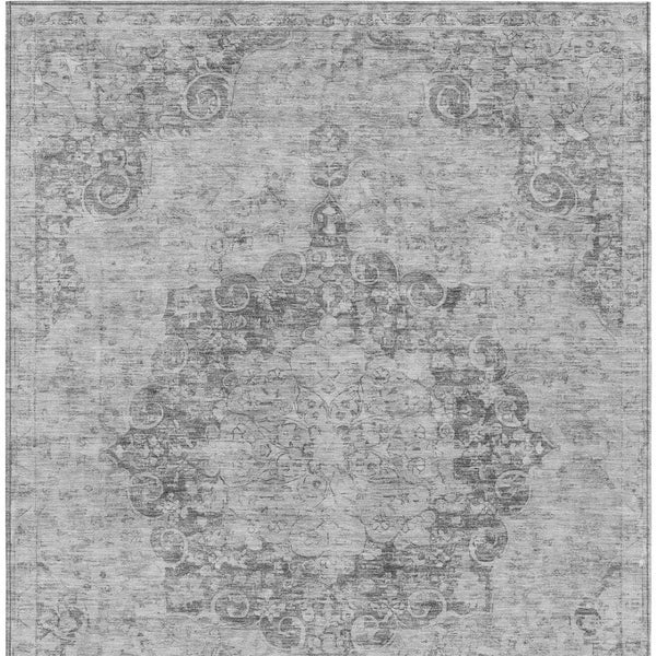 HomeRoots 5' Elegant Silver Floral Medallion Washable Area Rug for Indoor and Outdoor High-Traffic Spaces 10' X 14' 607943