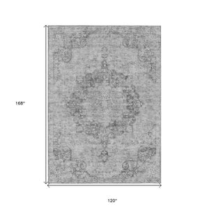 HomeRoots 5' Elegant Silver Floral Medallion Washable Area Rug for Indoor and Outdoor High-Traffic Spaces 10' X 14' 607943