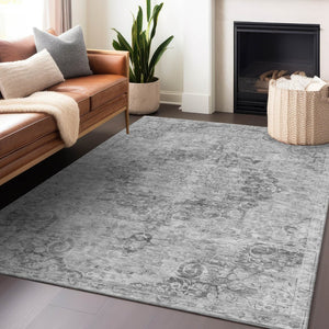 HomeRoots 5' Elegant Silver Floral Medallion Washable Area Rug for Indoor and Outdoor High-Traffic Spaces 10' X 14' 607943