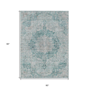 HomeRoots 5' Teal Blue Floral Medallion Area Rug – Durable, Washable, and Perfect for Indoor or Outdoor Spaces 5' X 8' 607945