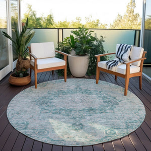 HomeRoots 5' Teal Blue Floral Medallion Area Rug – Durable, Washable, and Perfect for Indoor or Outdoor Spaces 8' Round 607946