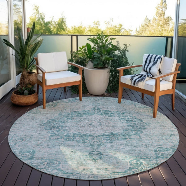 HomeRoots 5' Teal Blue Floral Medallion Area Rug – Durable, Washable, and Perfect for Indoor or Outdoor Spaces 8' Round 607946