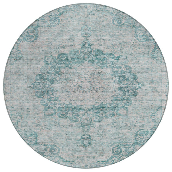 HomeRoots 5' Teal Blue Floral Medallion Area Rug – Durable, Washable, and Perfect for Indoor or Outdoor Spaces 8' Round 607946