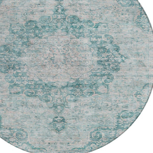 HomeRoots 5' Teal Blue Floral Medallion Area Rug – Durable, Washable, and Perfect for Indoor or Outdoor Spaces 8' Round 607946