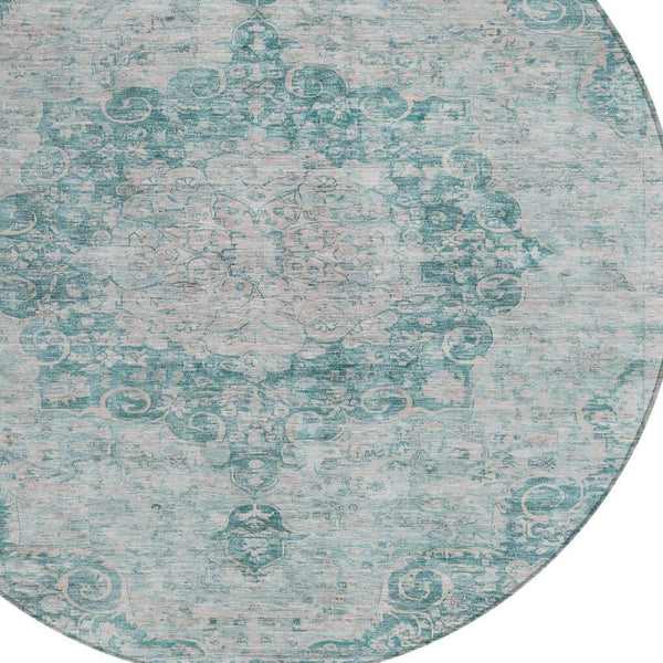 HomeRoots 5' Teal Blue Floral Medallion Area Rug – Durable, Washable, and Perfect for Indoor or Outdoor Spaces 8' Round 607946