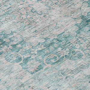 HomeRoots 5' Teal Blue Floral Medallion Area Rug – Durable, Washable, and Perfect for Indoor or Outdoor Spaces 8' Round 607946