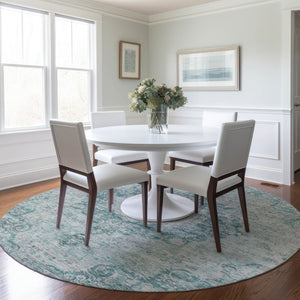HomeRoots 5' Teal Blue Floral Medallion Area Rug – Durable, Washable, and Perfect for Indoor or Outdoor Spaces 8' Round 607946