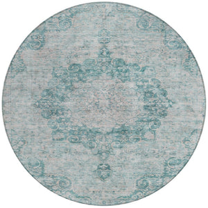HomeRoots 5' Teal Blue Floral Medallion Area Rug – Durable, Washable, and Perfect for Indoor or Outdoor Spaces 8' Round 607946