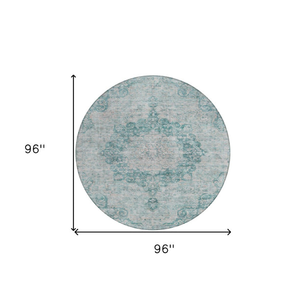 HomeRoots 5' Teal Blue Floral Medallion Area Rug – Durable, Washable, and Perfect for Indoor or Outdoor Spaces 8' Round 607946