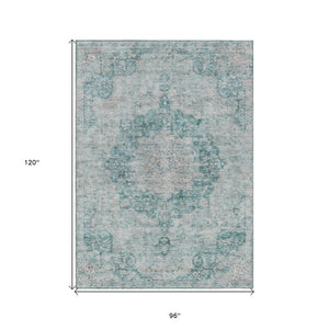HomeRoots 5' Teal Blue Floral Medallion Area Rug – Durable, Washable, and Perfect for Indoor or Outdoor Spaces 8' X 10' 607947