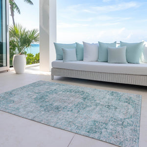 HomeRoots 5' Teal Blue Floral Medallion Area Rug – Durable, Washable, and Perfect for Indoor or Outdoor Spaces 8' X 10' 607947
