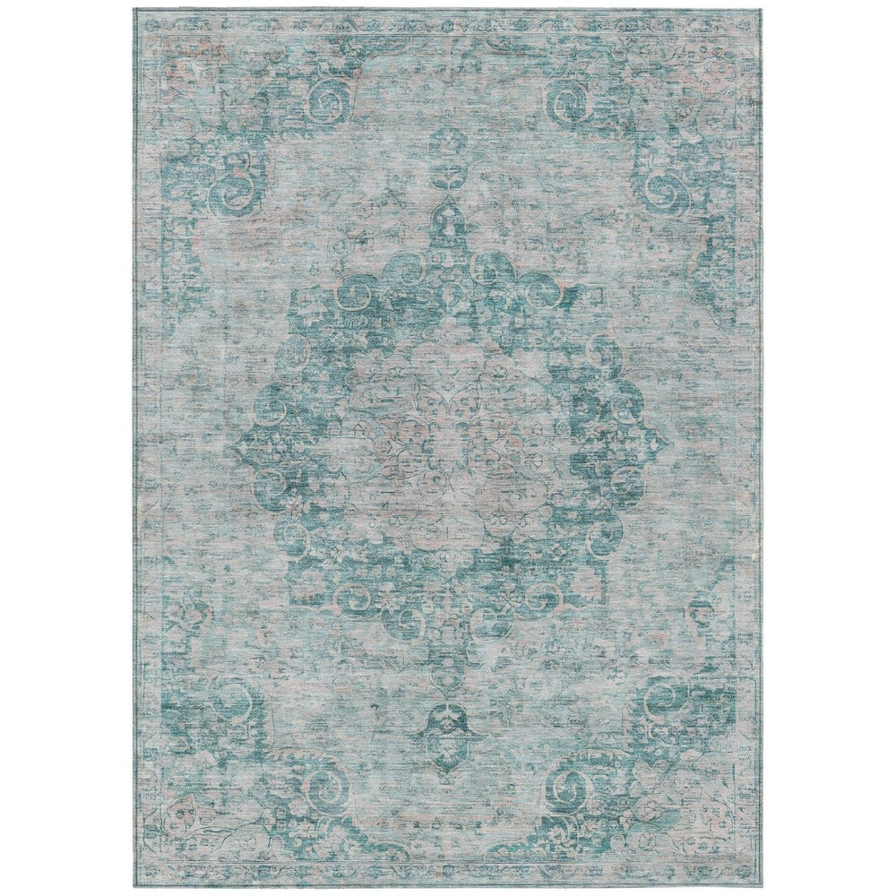 HomeRoots 5' Teal Blue Floral Medallion Area Rug – Durable, Washable, and Perfect for Indoor or Outdoor Spaces 8' X 10' 607947