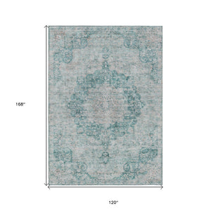 HomeRoots 5' Teal Blue Floral Medallion Area Rug – Durable, Washable, and Perfect for Indoor or Outdoor Spaces 10' X 14' 607949
