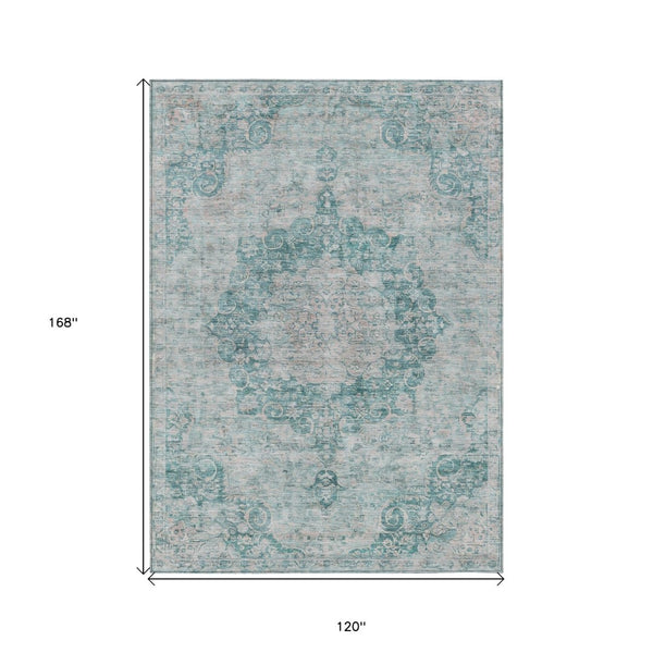 HomeRoots 5' Teal Blue Floral Medallion Area Rug – Durable, Washable, and Perfect for Indoor or Outdoor Spaces 10' X 14' 607949